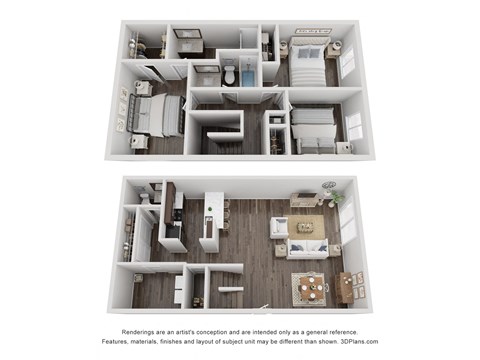 a stylized 3d floor plan with a bedroom and a living room